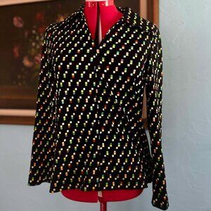 🦋 Vintage Multicolor Stretch Blouse – Butterfly Collar, Disco Dreams 🌈